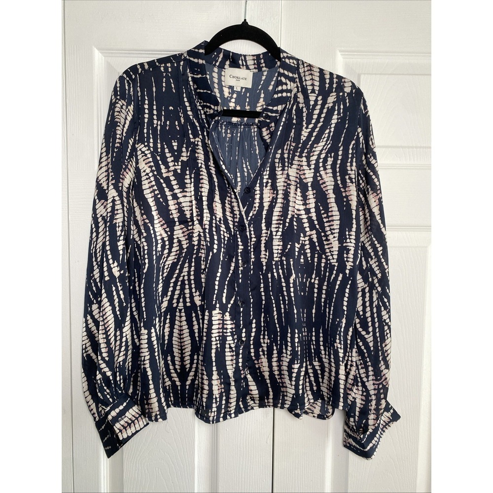 Choklate Paris Shibori Print Blouse Womens Size L Navy Blue Boho Chiffon Top